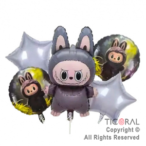 SET DE GLOBOS METALIZADO LABUBU GRIS 5 UNIDADES 